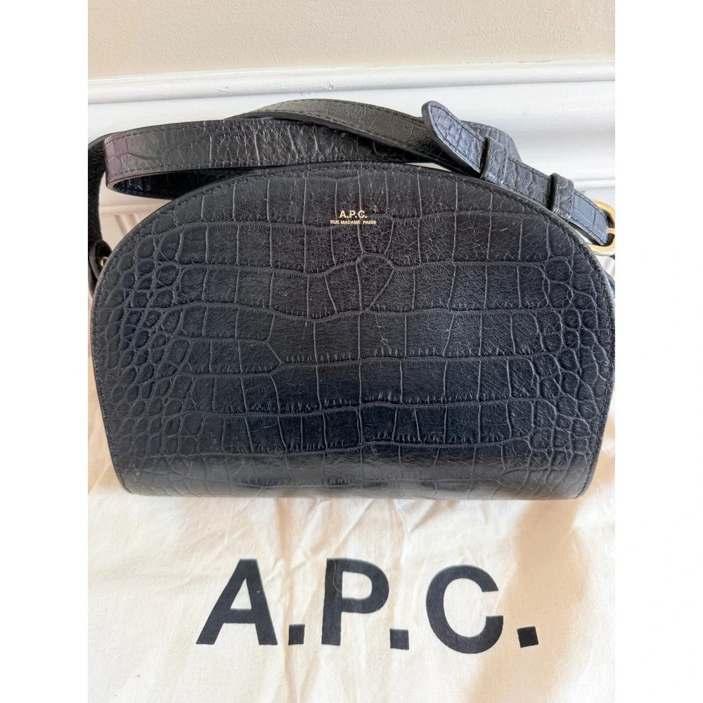 A.P.C. Demi-Lune Bag Black Croc Embossed Leather Half Moon Crossbody OS